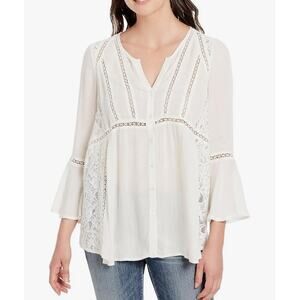 VTG America Blues Women's XL White Long Flare Sleeve Lace Front Splt Neckline